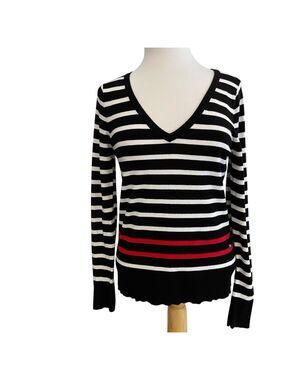 Contemporaine knit sweater black white red stripes V neck long sleeves in medium